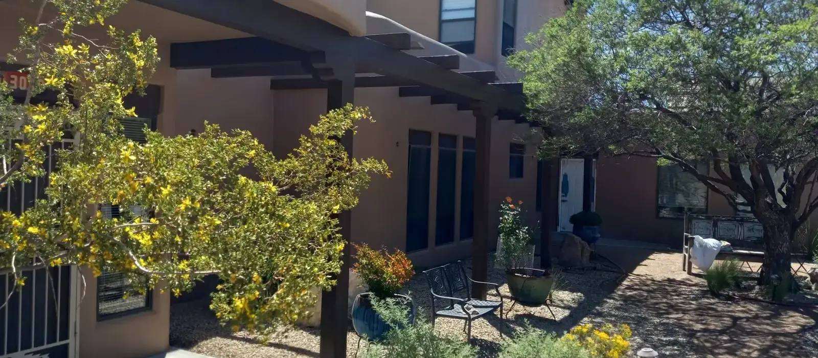 Stucco courtyard walls and portal with a tree and garden