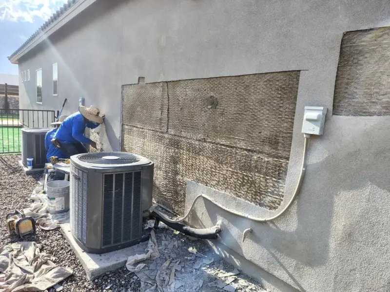 Section of stucco cut away behind an air conditioner showing the lath underneath